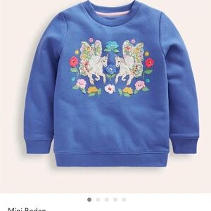 Mini Boden Blue Sweatshirt with Unicorn and Floral Design